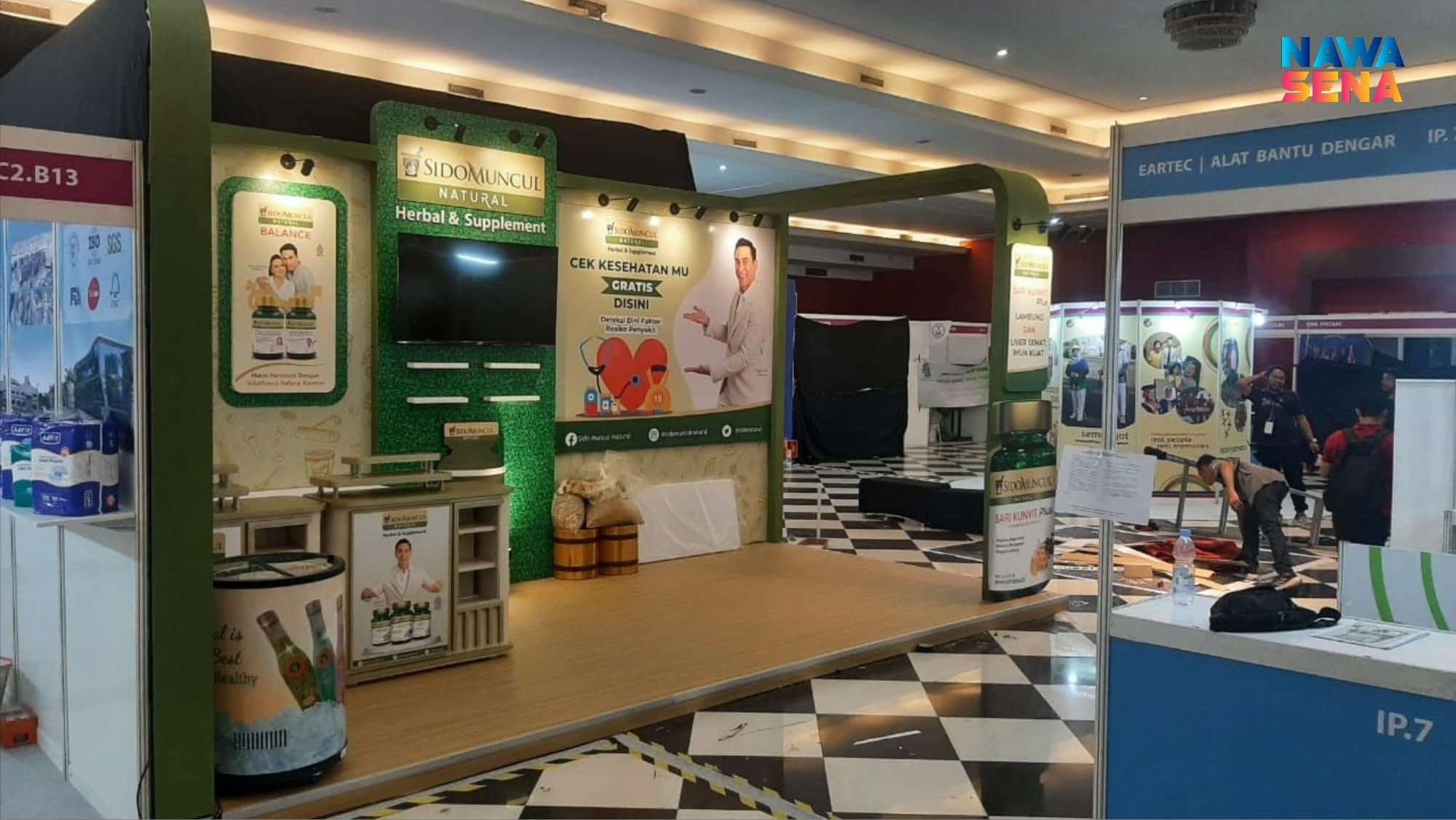 Booth exhibition with various displays and products